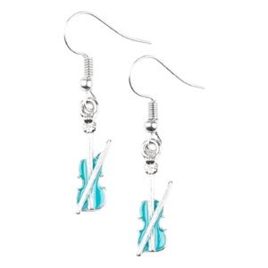 🖤 Blue Enamel Violin and Bow Dangle Earrings NEW